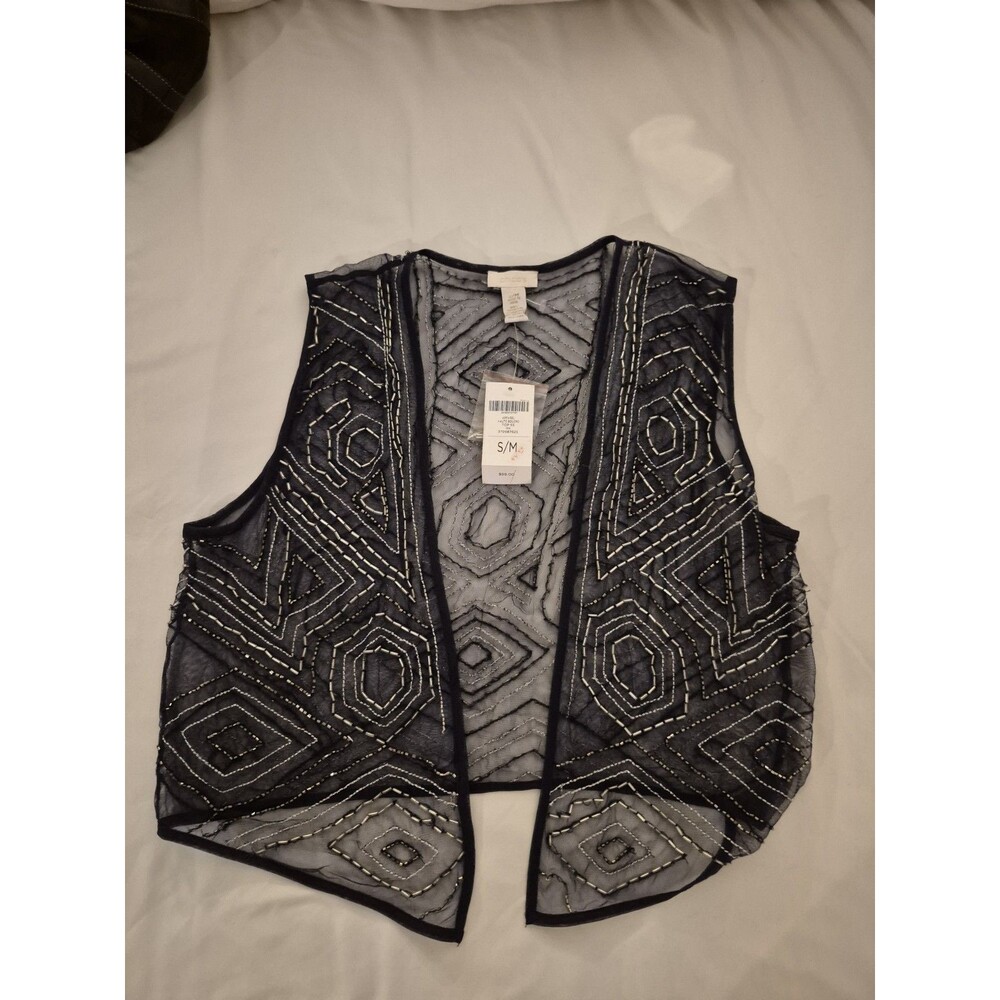 💥 Nwt Chico’s Sheer Boho Navy Ecru Beaded Embellished Lace Vest | Size S / M D3